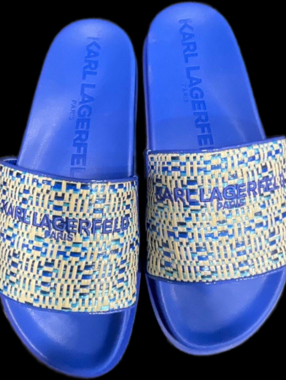 Karl Lagerfeld Blue Woven Slide Sandals with Cream Accents- Size 8- NEW in box
